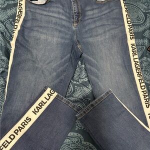 Karl Lagerfeld Medium Blue Straight Leg Jeans with White Logo Side Tape